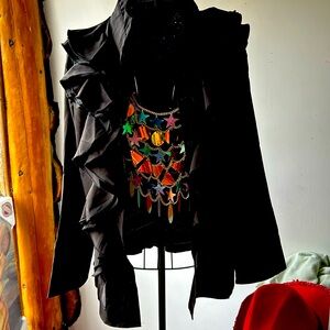 Black ruffle button down shirt women’s